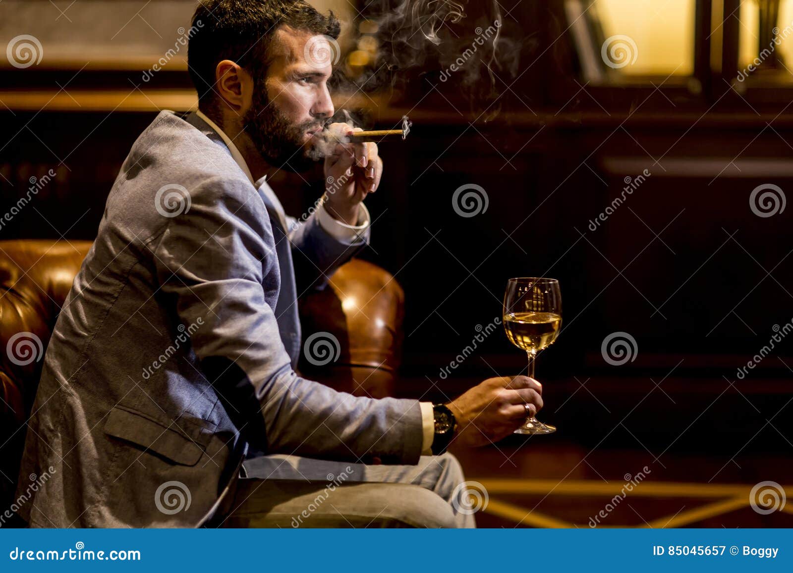 Young Man Tasting White Wine and Smoking Cigar Stock Image Image of