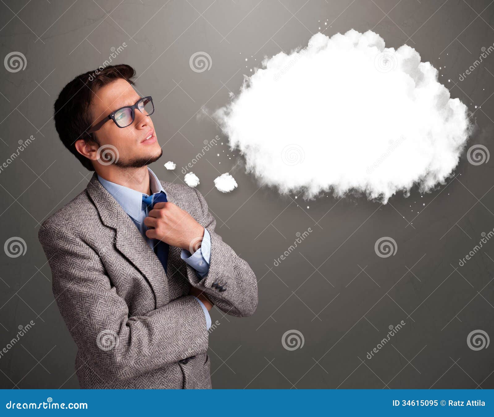 Young Man Thinking About Cloud Speech Or Thought Bubble With Cop Stock