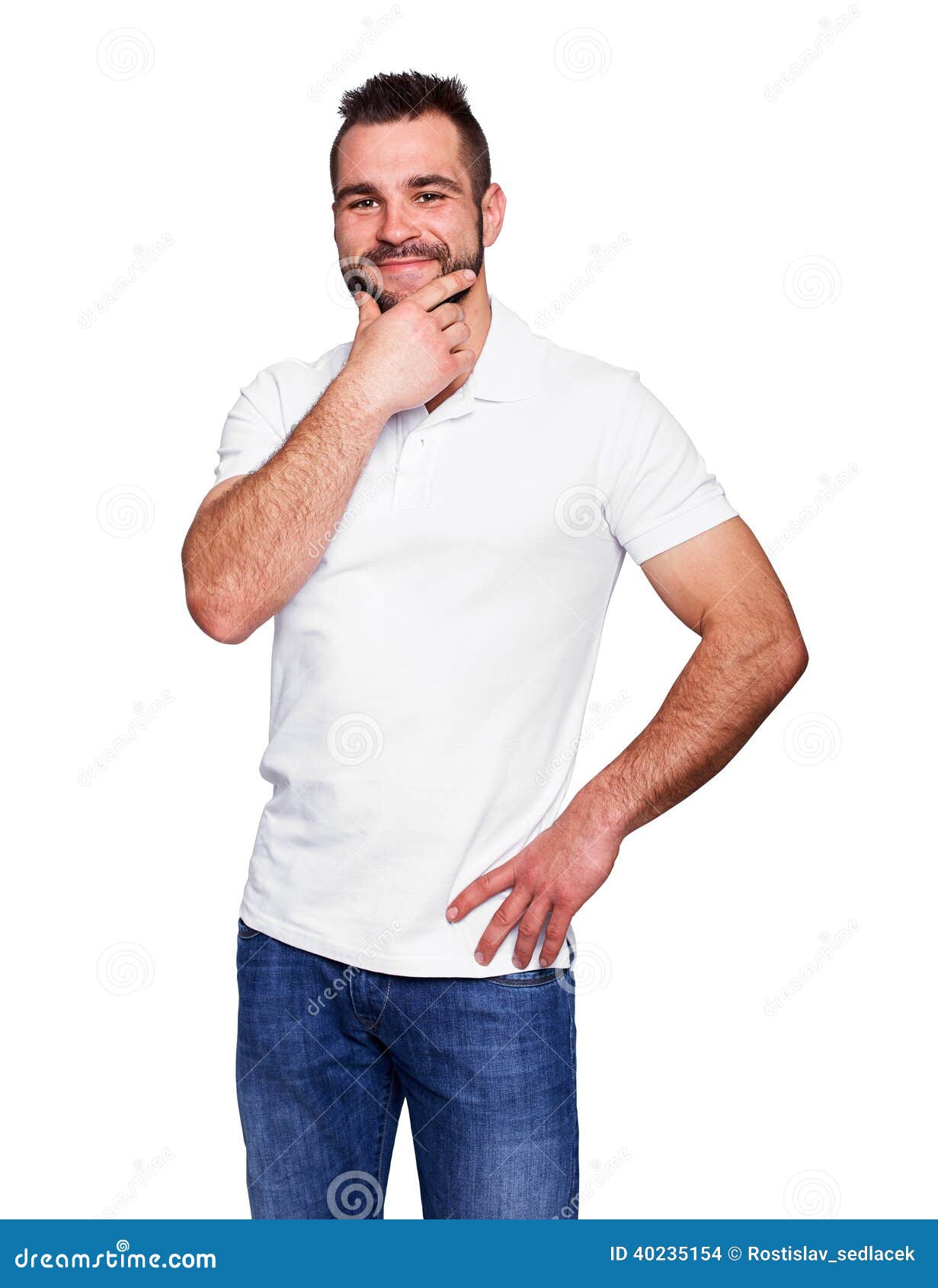 young man thinking in a white polo shirt