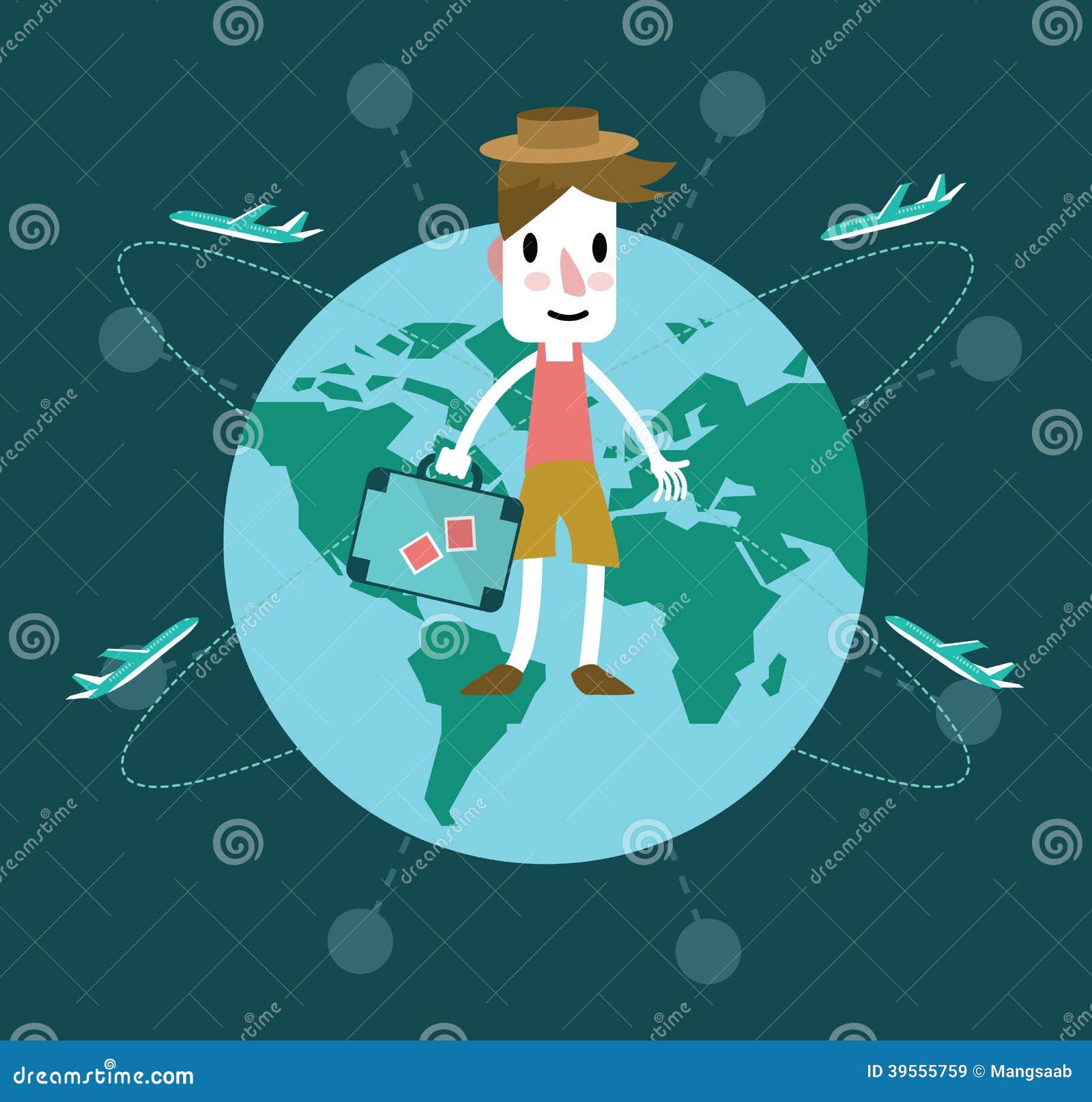 Young Man Travel Around the World. Stock Vector - Illustration of ...