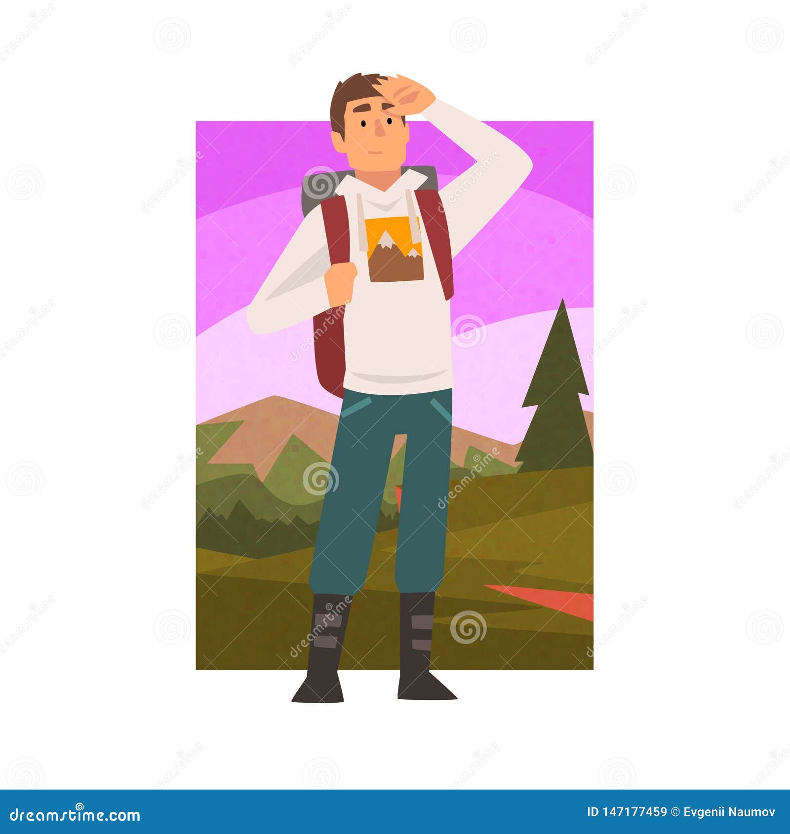 young man travelling with backpack, male traveller looking into distance in summer mountain landscape, outdoor activity