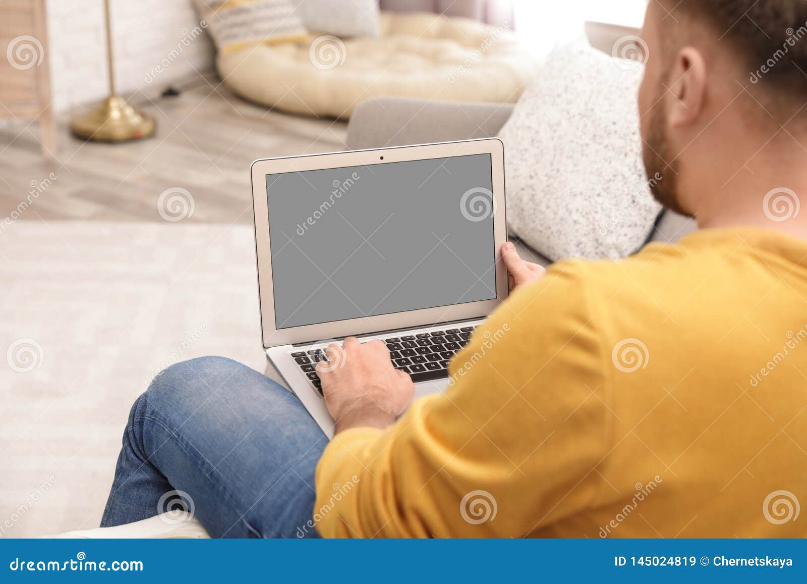 Young Man Using Video Chat On Laptop In Living Room. Space For Design ...