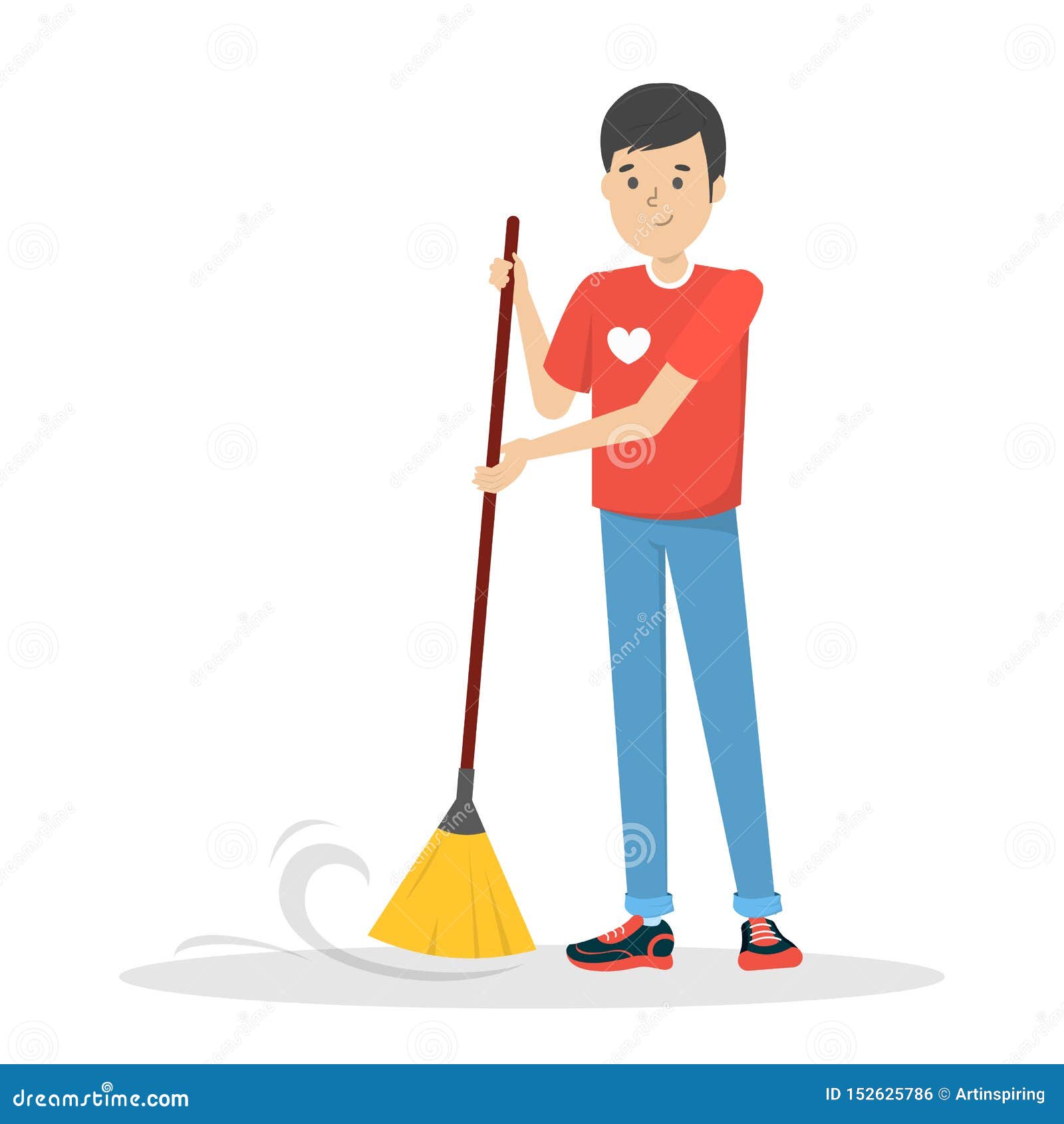Young Man Volunteer Sweep The Floor Guy Holding Broom Stock