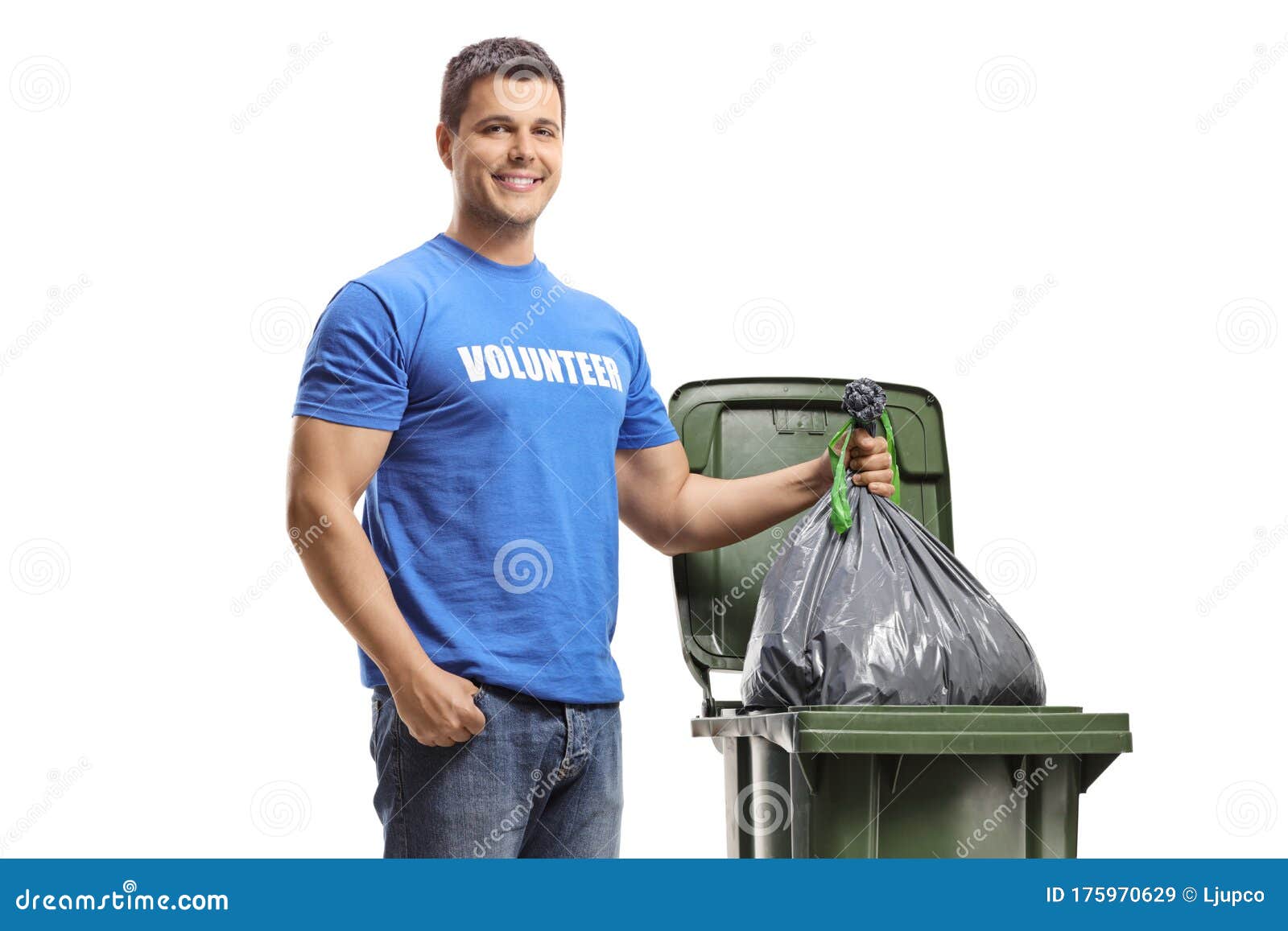 Young Man Volunteer Throwing A Plastic Bag In A Bin Stock Image Image