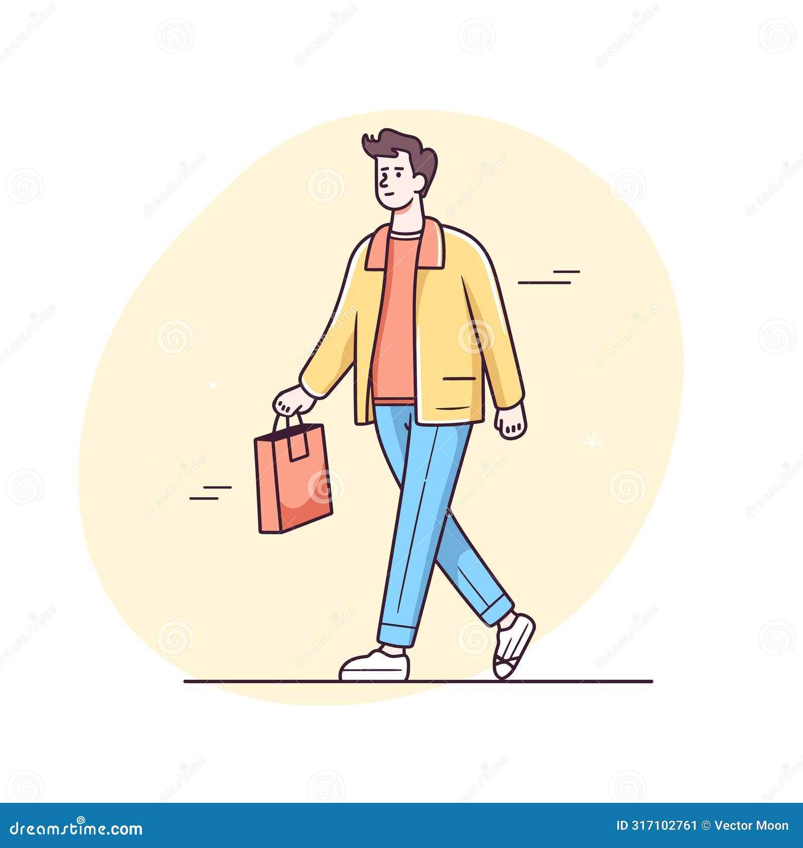 young man walking casually holding shopping bag, dressed yellow jacket, red shirt, blue jeans