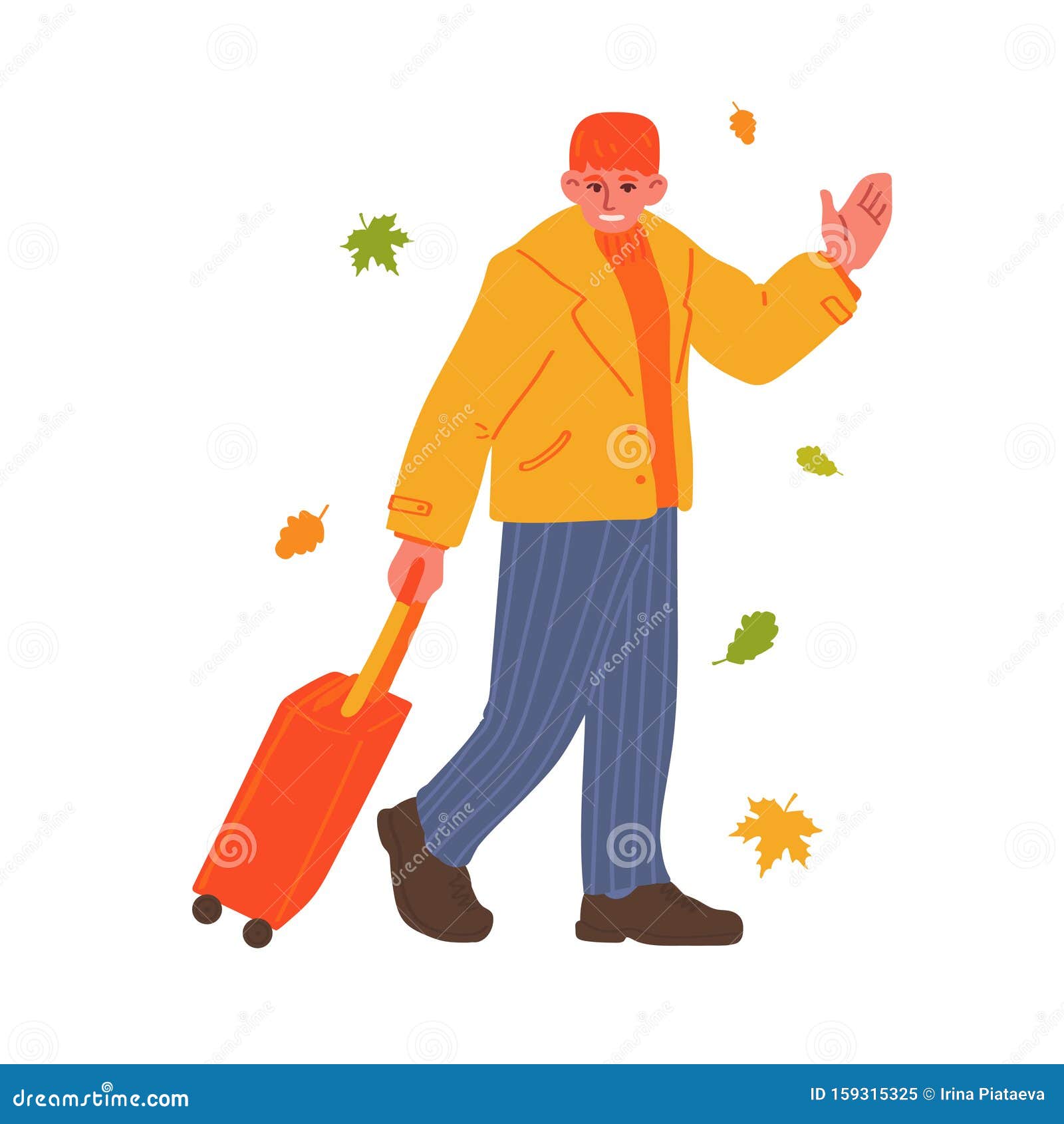 A Young Man Walks with a Suitcase and Waves His Hand. Red-haired Guy ...