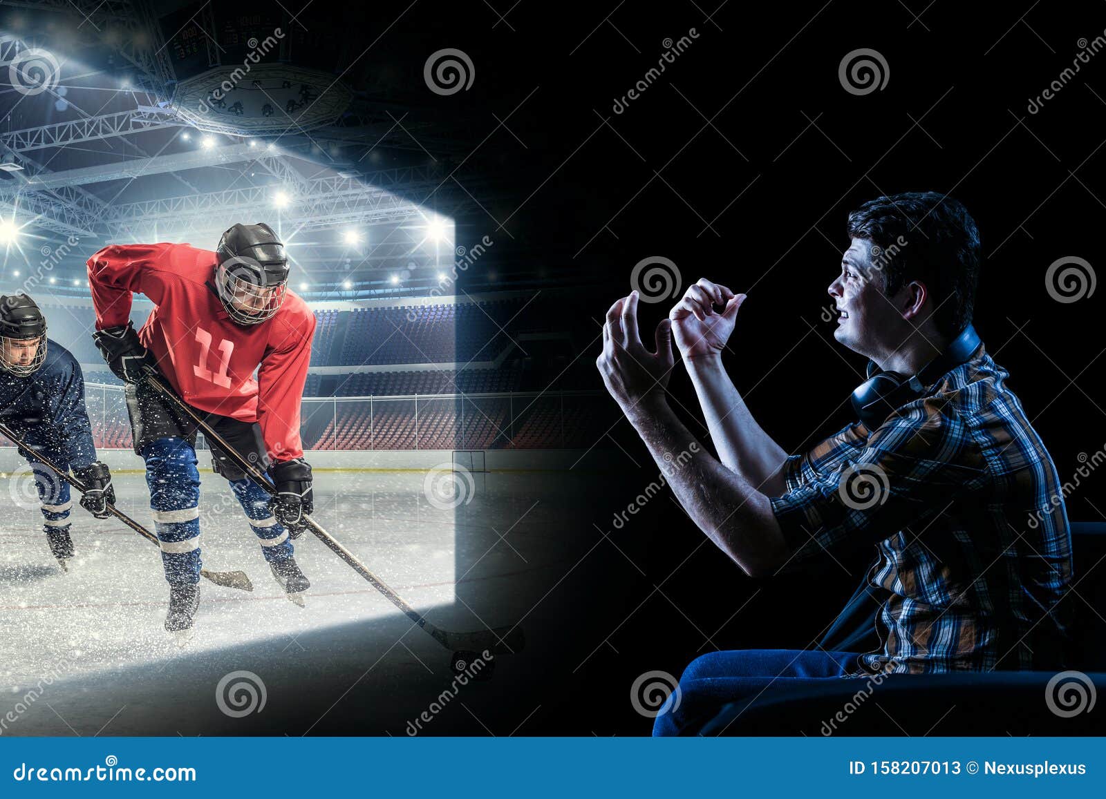 Young Man Watching Ice Hockey Game on TV Stock Image