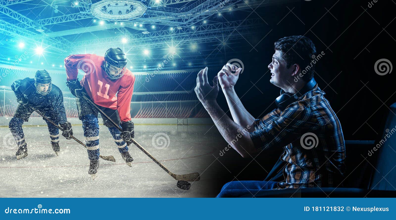 Young Man Watching Ice Hockey Game on TV Stock Photo