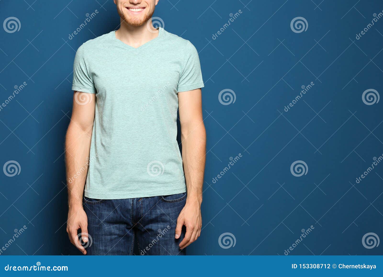 Young Man Wearing Blank T-shirt on Blue, Closeup. Mockup for Design ...