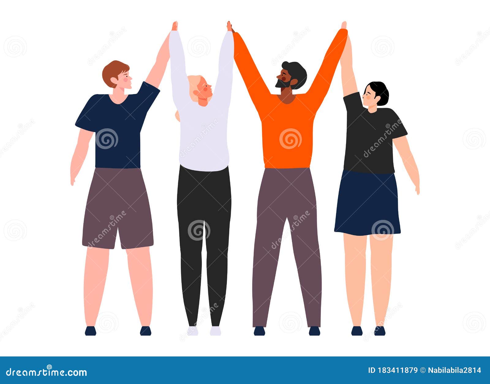 Young Man and and Women are Holding and Raising Their Hands Cartoon  Illustration. Smiling Men and Women Holding Hands Stock Vector -  Illustration of cheerful, happy: 183411879