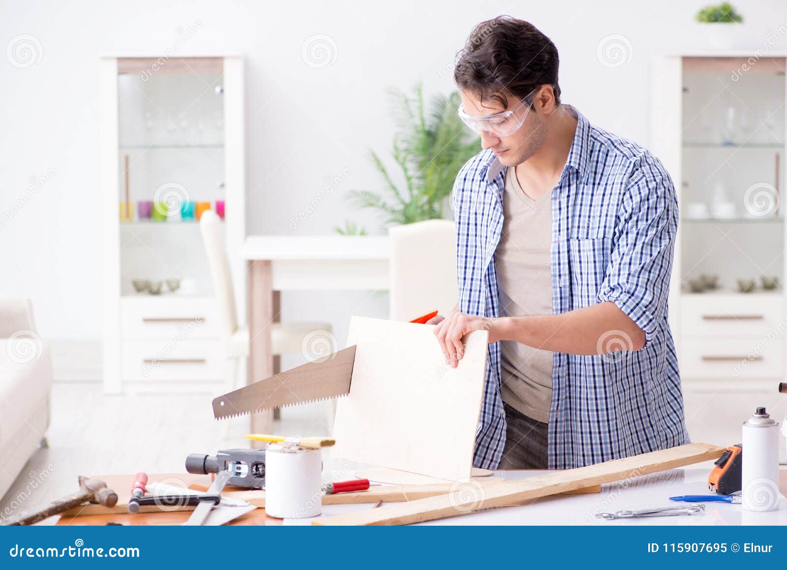 The Young Man In Woodworking Hobby Concept Stock Image 