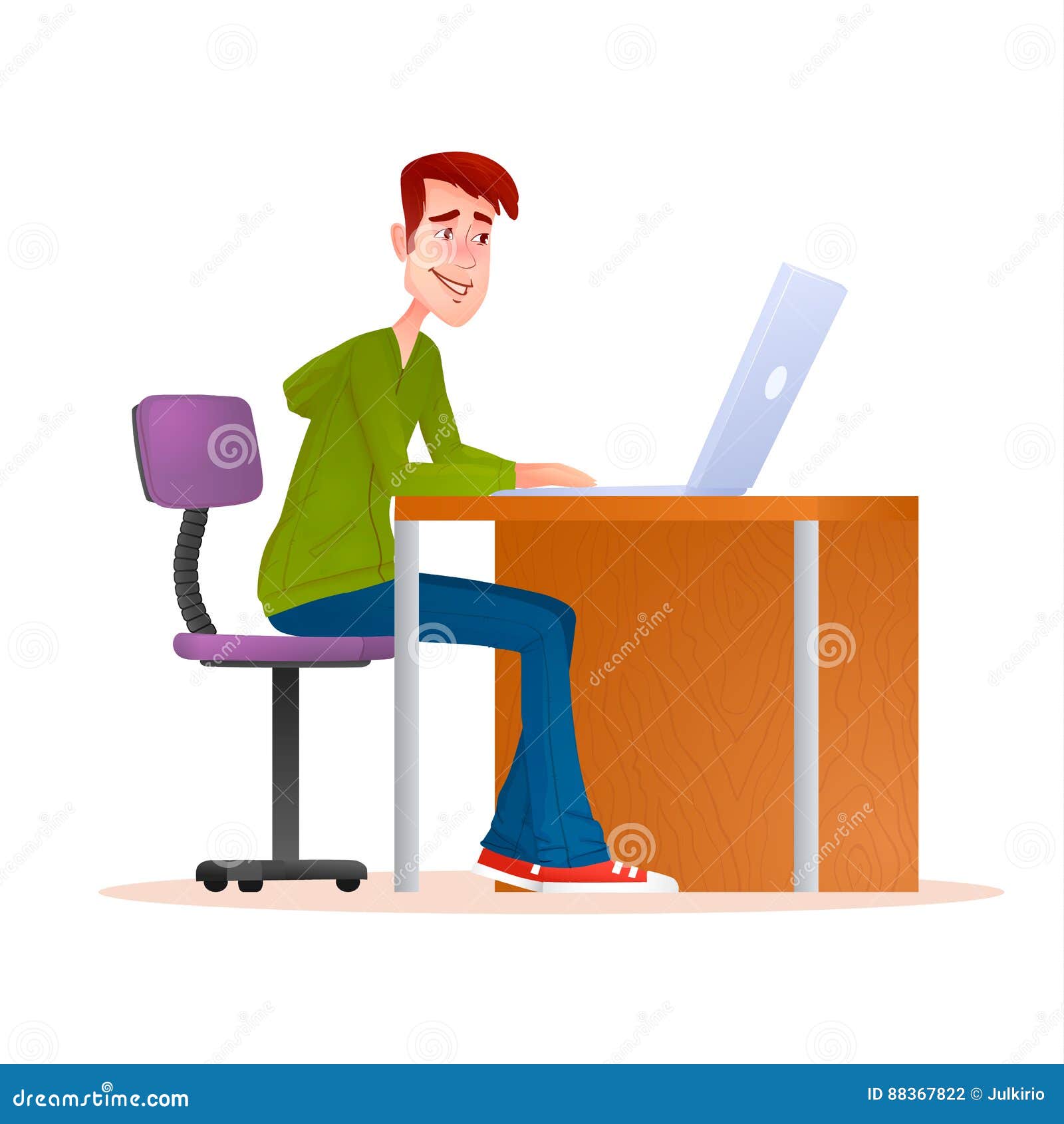 Young Man Working on Computer. Smiling Teenager. Stock Vector ...