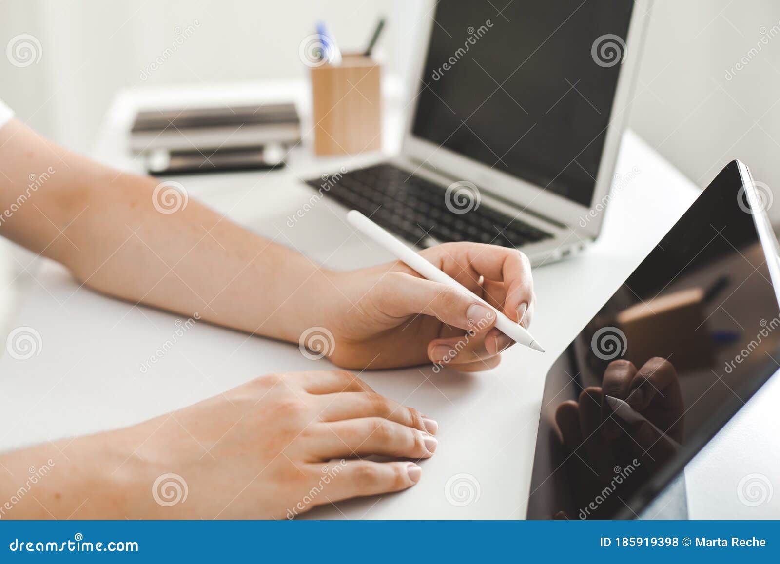 young man working on desk at home office business