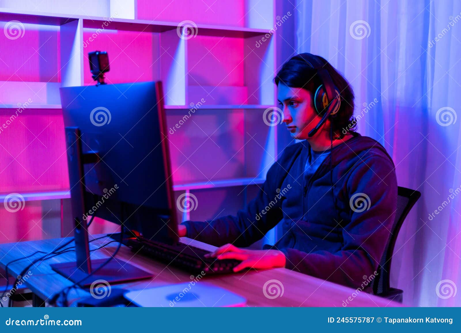 Young Men Play E-Sport Games or Streamers, Male Enjoying Playing Online Games Stock Image