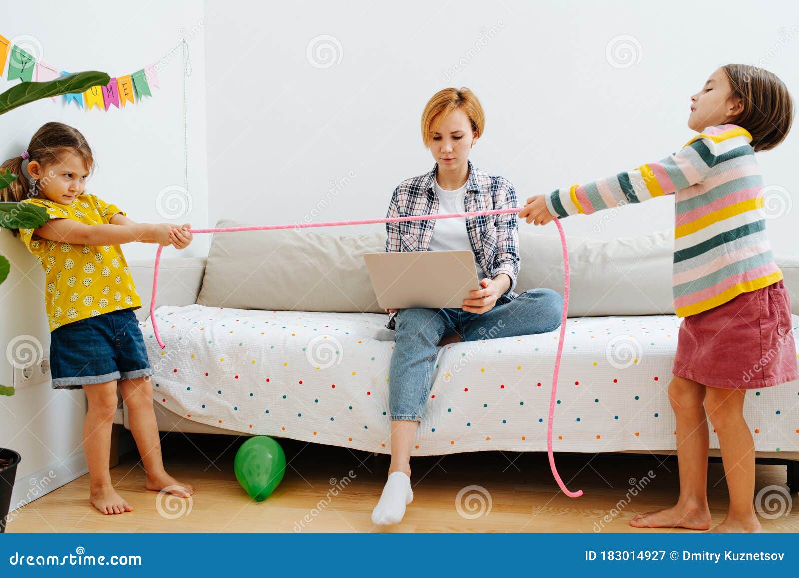 Kids Pulling A Rope From Each Other Next To Their Working Mom Stock Image Image Of Garland Fashion 183014927