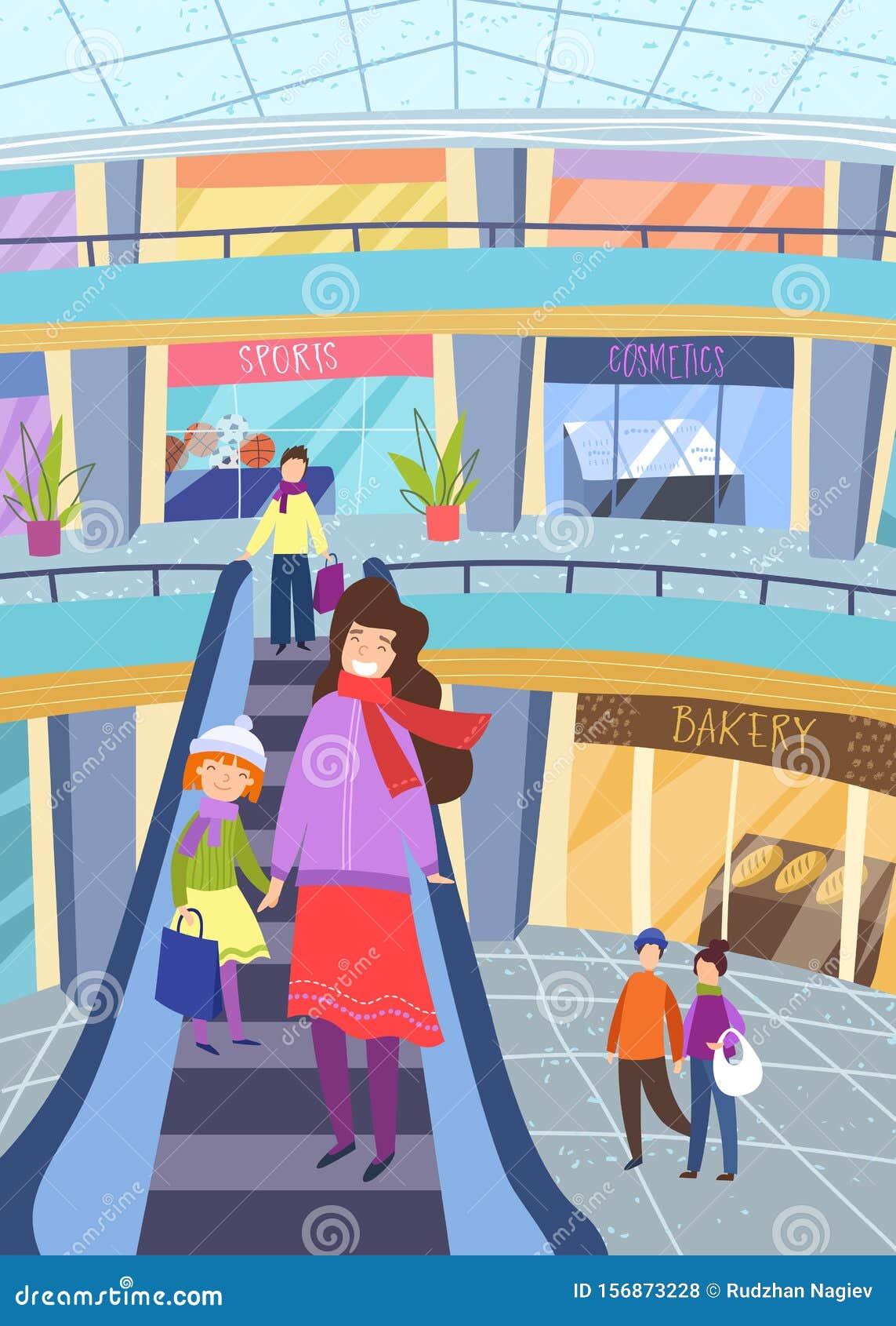 Young Mother Shopping with Her Little Daughter Holding Hands As they  Descend on an Indoor Escalator in a Shopping Mall Stock Vector -  Illustration of colorful, people: 156873228