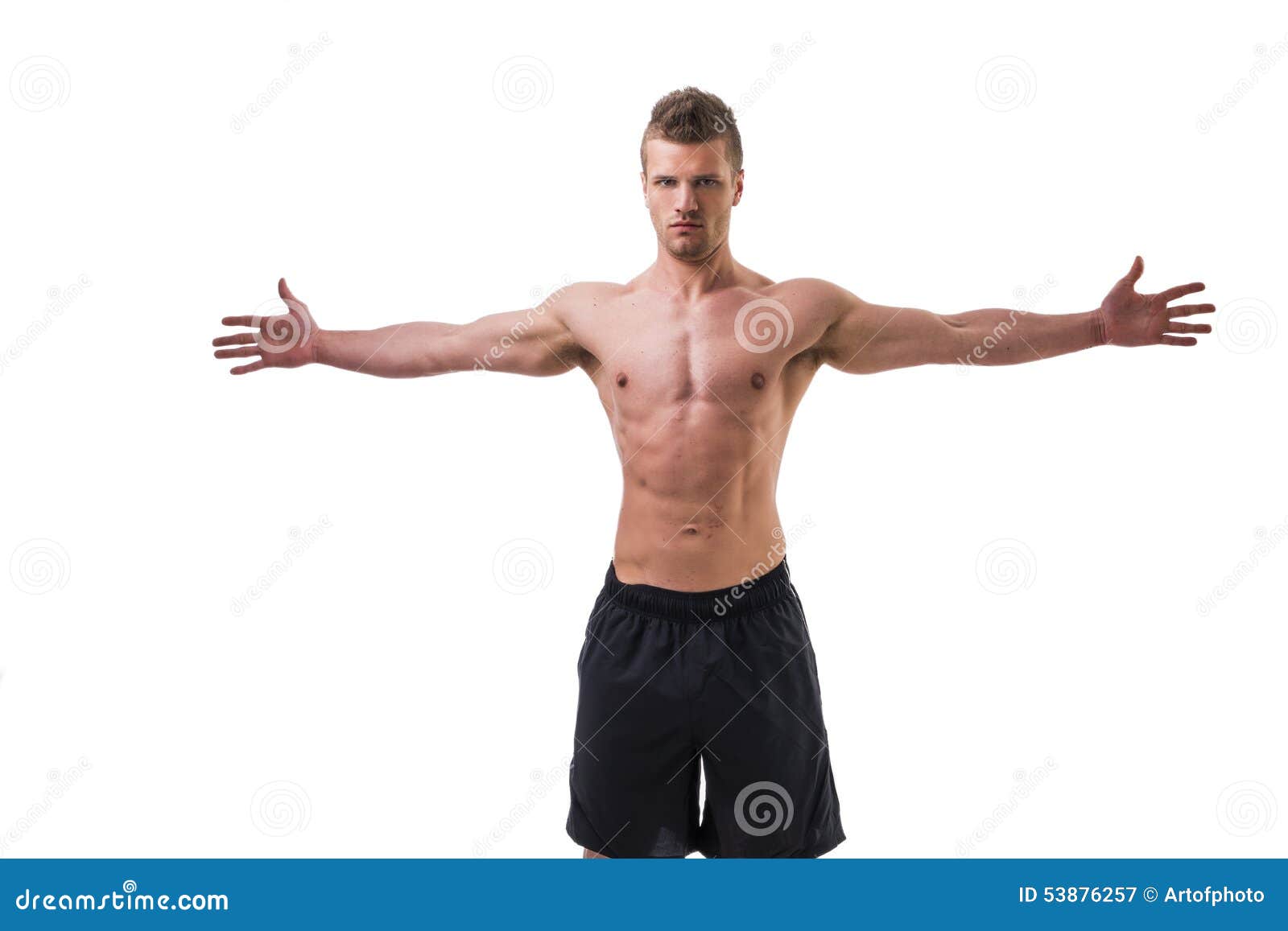 Young Muscle Man Shirtless With Arms Spread Open Stock Image Image Of