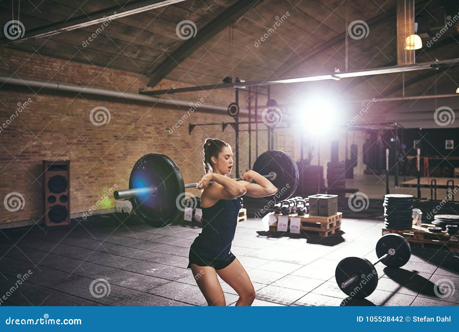Young Muscular Female Lifting Barbells in Gym Stock Photo - Image of ...