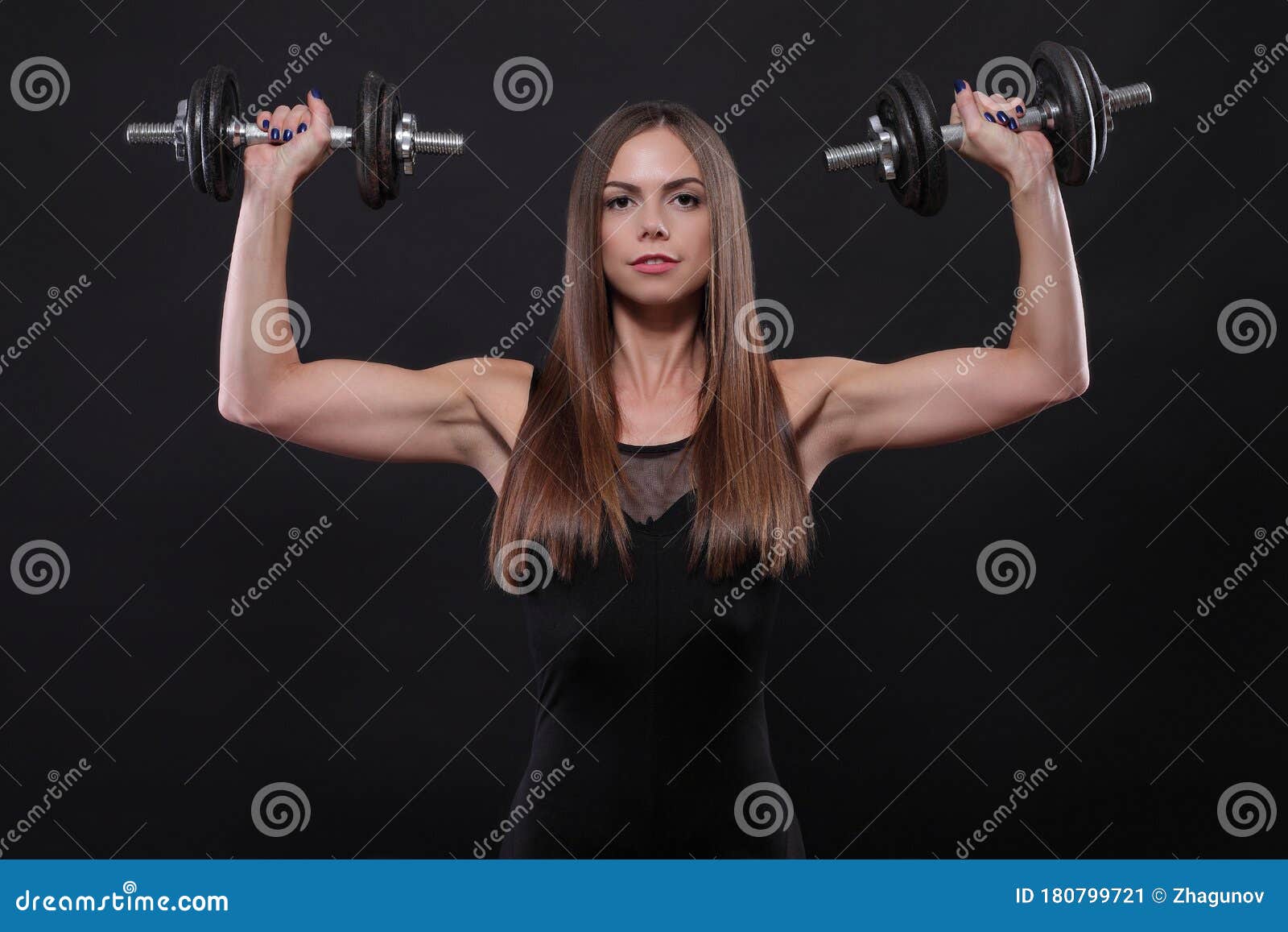 Young Muscular Woman Posing With Dumbbells Stock Image Image Of Energy Naked 180799721 