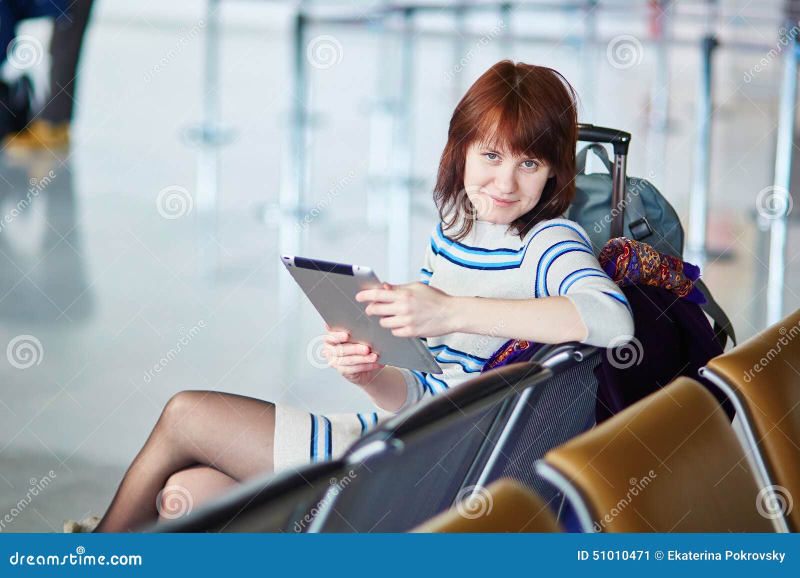 Young Passenger at the Airport, Using Her Tablet Stock Image Image of smiling, happy 51010471