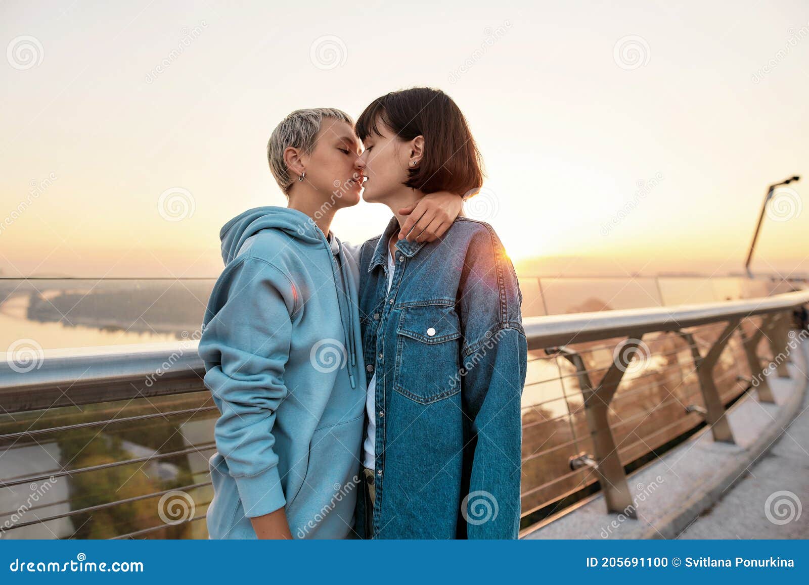 Young Passionate Lesbian Couple Kissing Outdoors, Two Women Enjoying