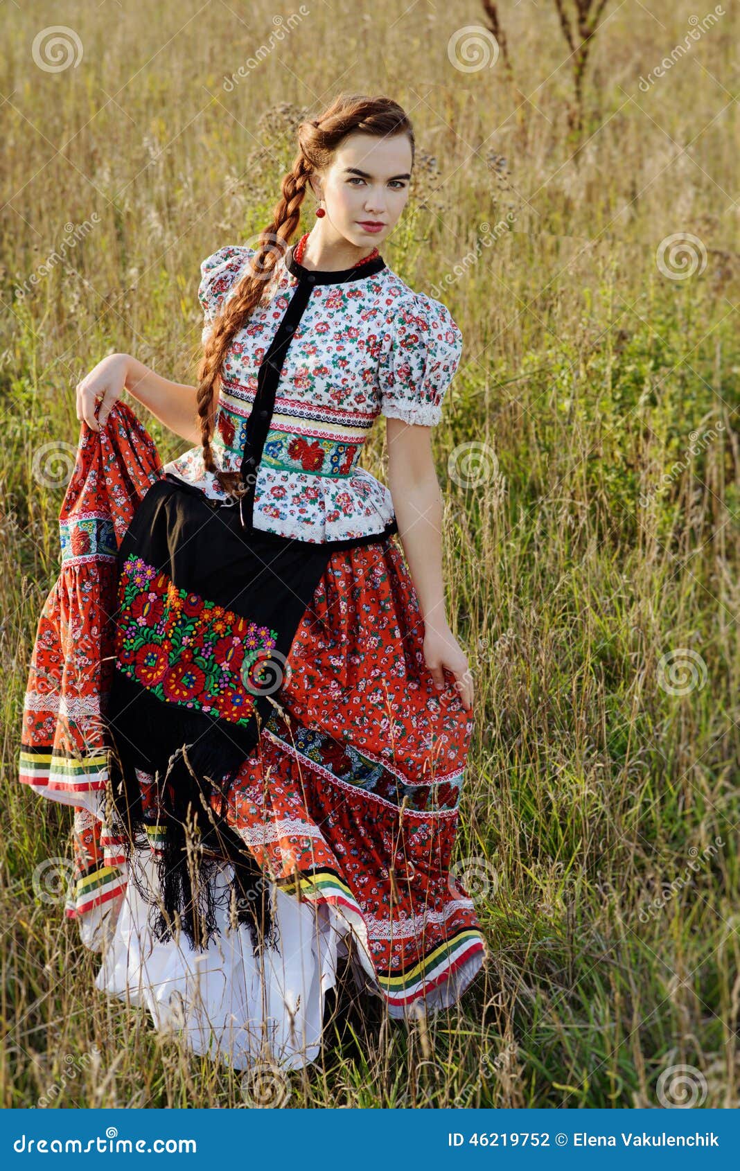 Young Peasant Woman, Dressed in Hungarian National Costume, Posing Over ...