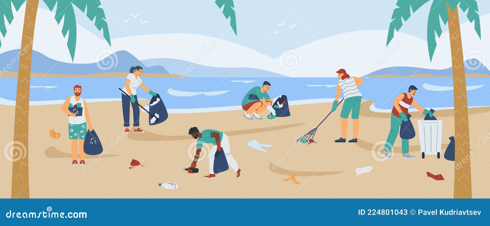 Young People Clean Up Trash at Sea Beach or Ocean Coast a Vector Flat ...