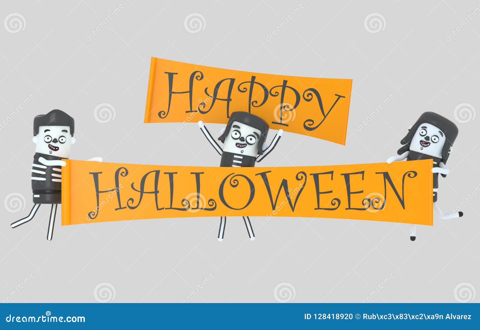 young people in costumes holding halloween banner. halloween. 3d 