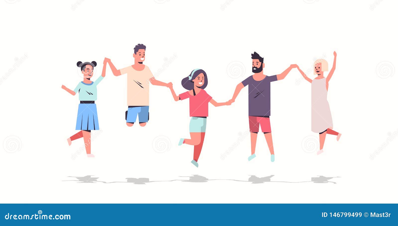 Young People Group Holding Hands Men Women Jumping Together Friends Having  Fun Male Female Cartoon Characters Full Stock Vector - Illustration of  horizontal, concept: 146799499