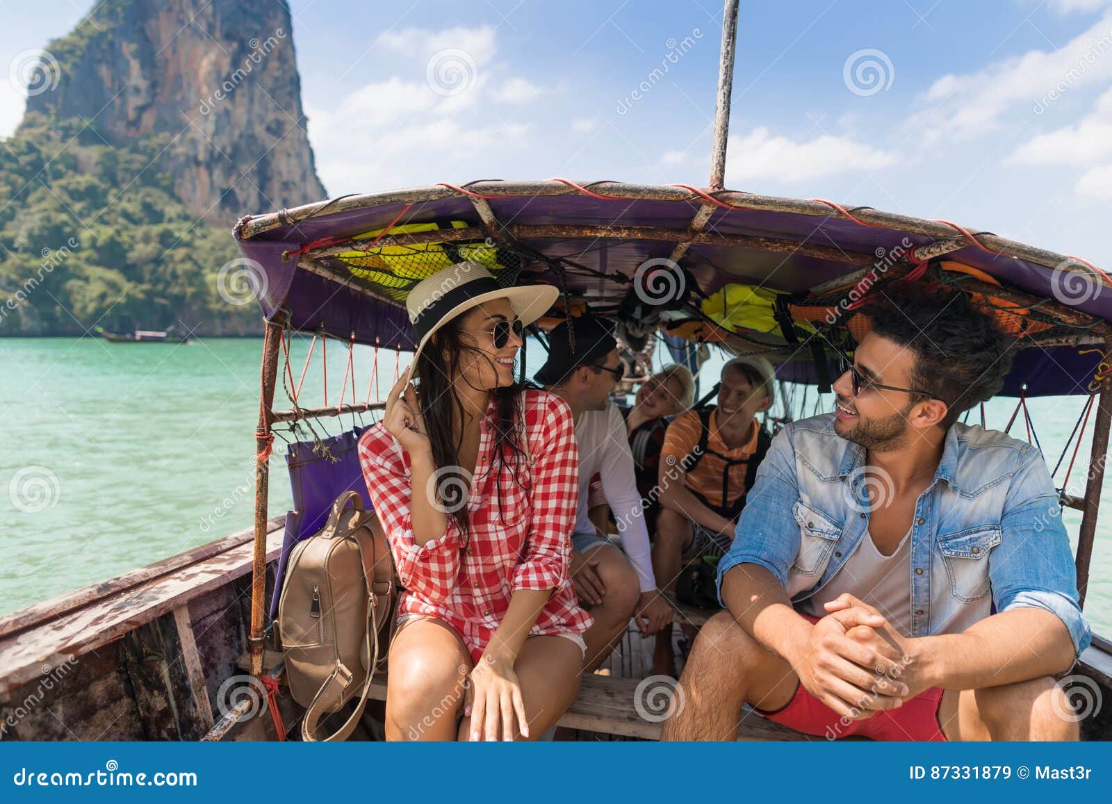 young people group tourist sail long tail thailand boat ocean friends sea vacation travel trip