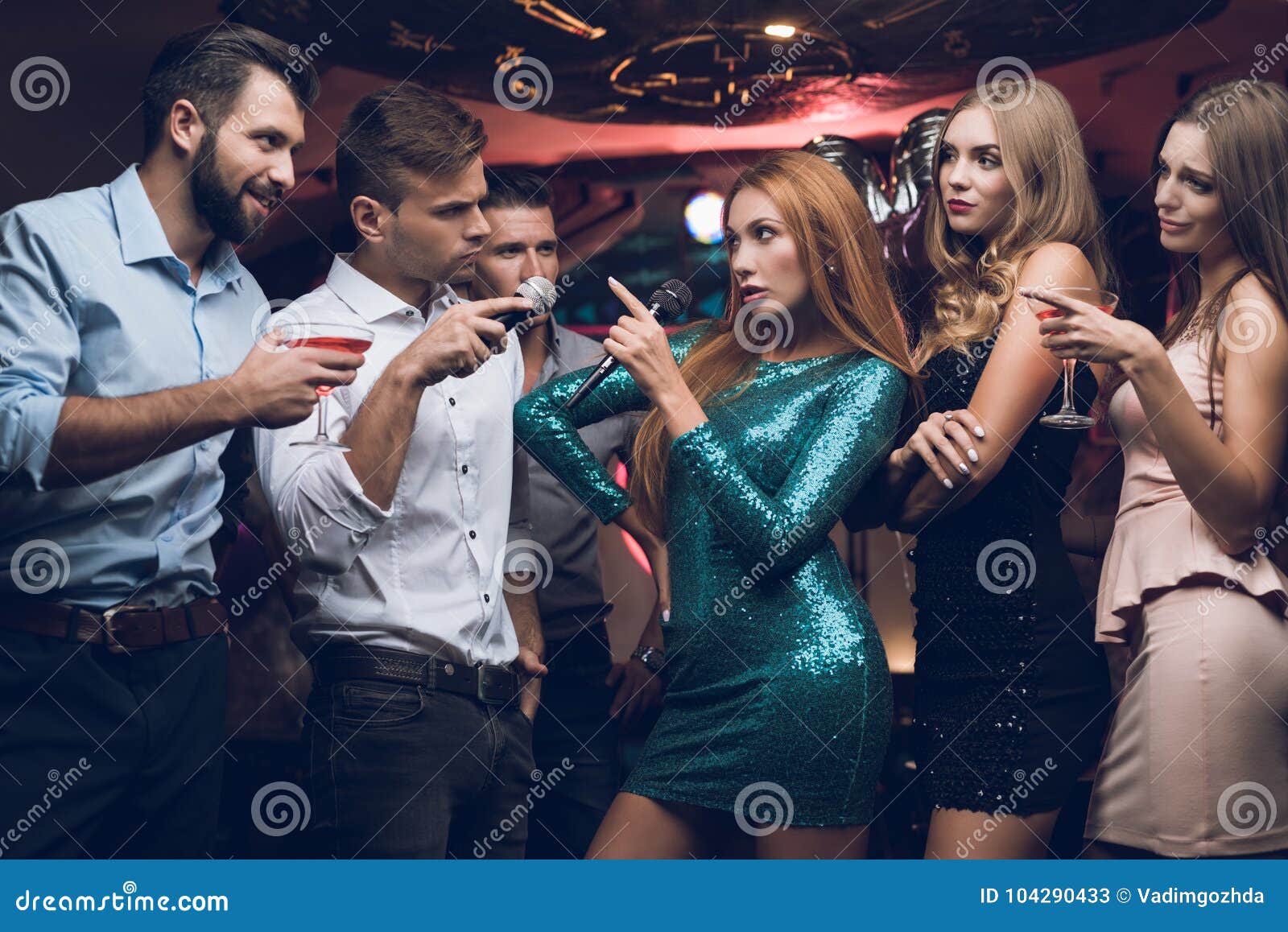 Young People Have Fun in a Nightclub. Three Men and Three Women Staged ...