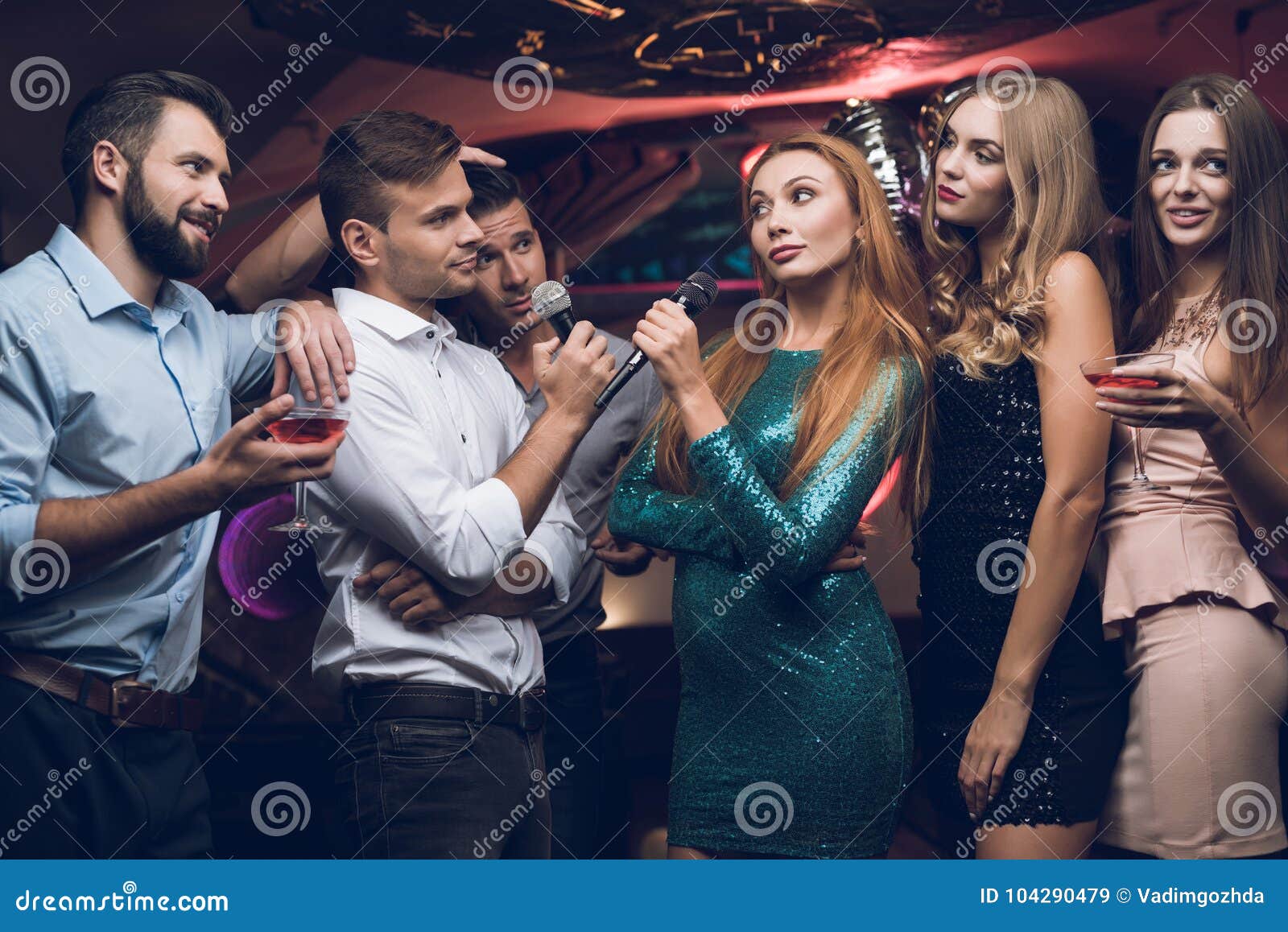 Young People Have Fun in a Nightclub. Three Men and Three Women Staged ...