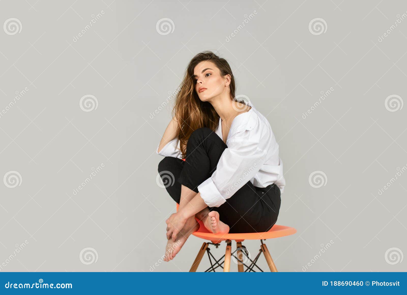 Young Perfectionist. Hairdresser Beauty Salon. Elegant Fashion Model. Girl  Wear Office Shirt and Pants Stock Photo - Image of brunette, formal:  188690460