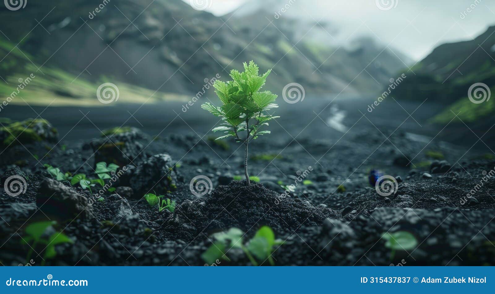 young plant thriving in a volcanic landscape