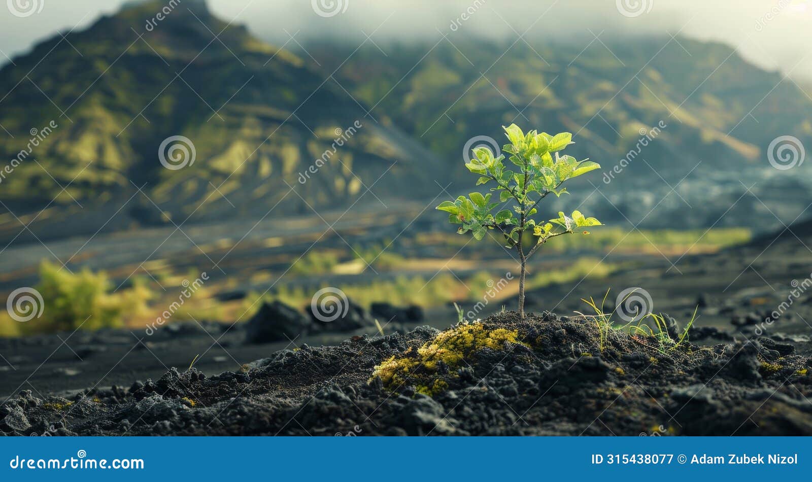 young plant thriving in a volcanic landscape