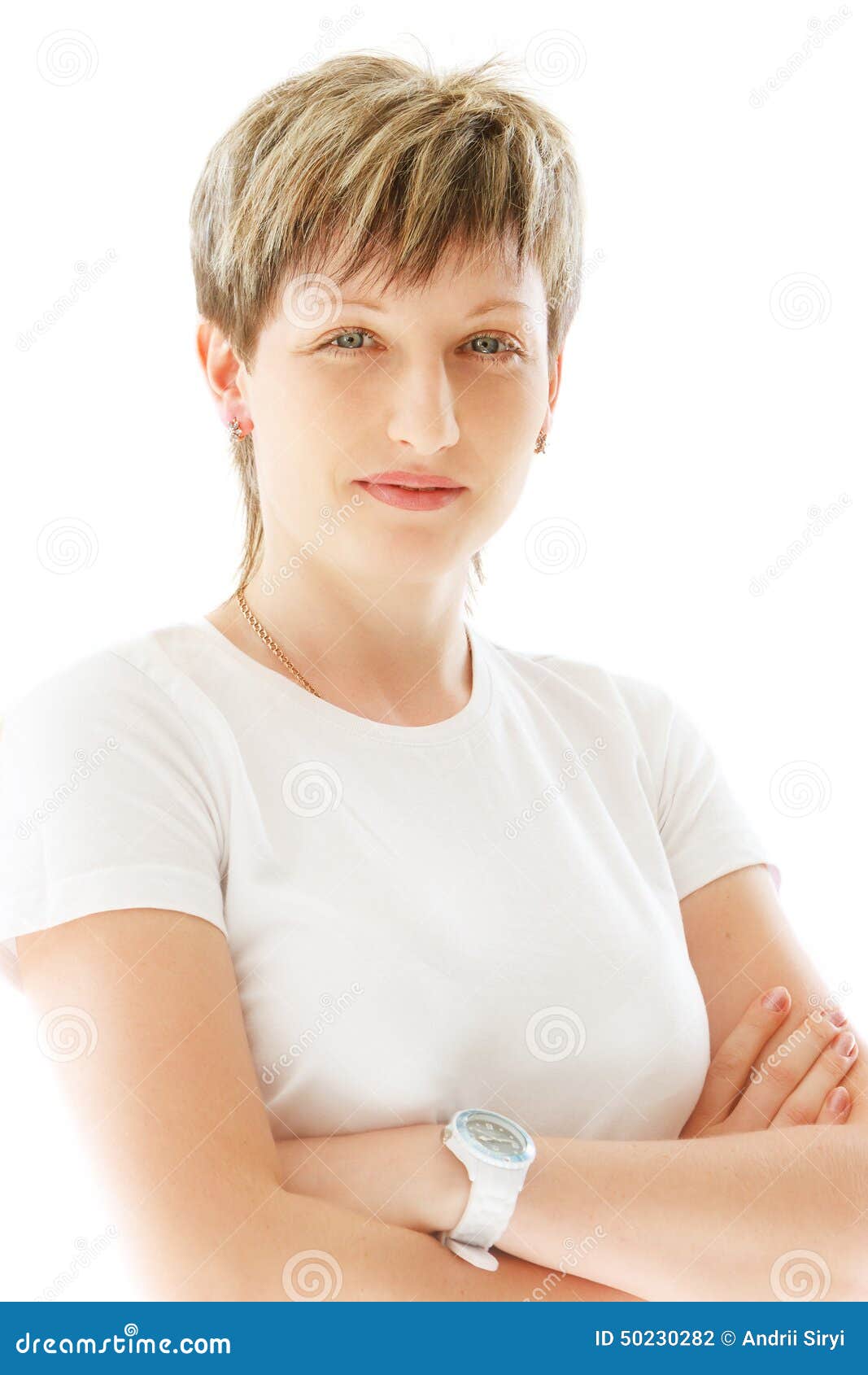 Young Pleasant Woman on a White Background Smiles Stock Photo - Image ...
