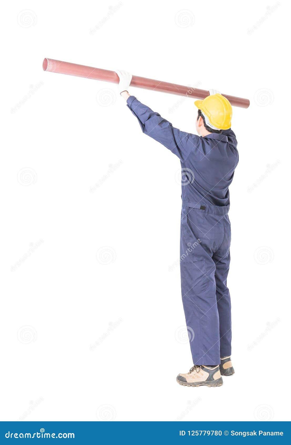 Plumber in Uniform Holding Pvc Pipe with Clipping Path Stock Photo