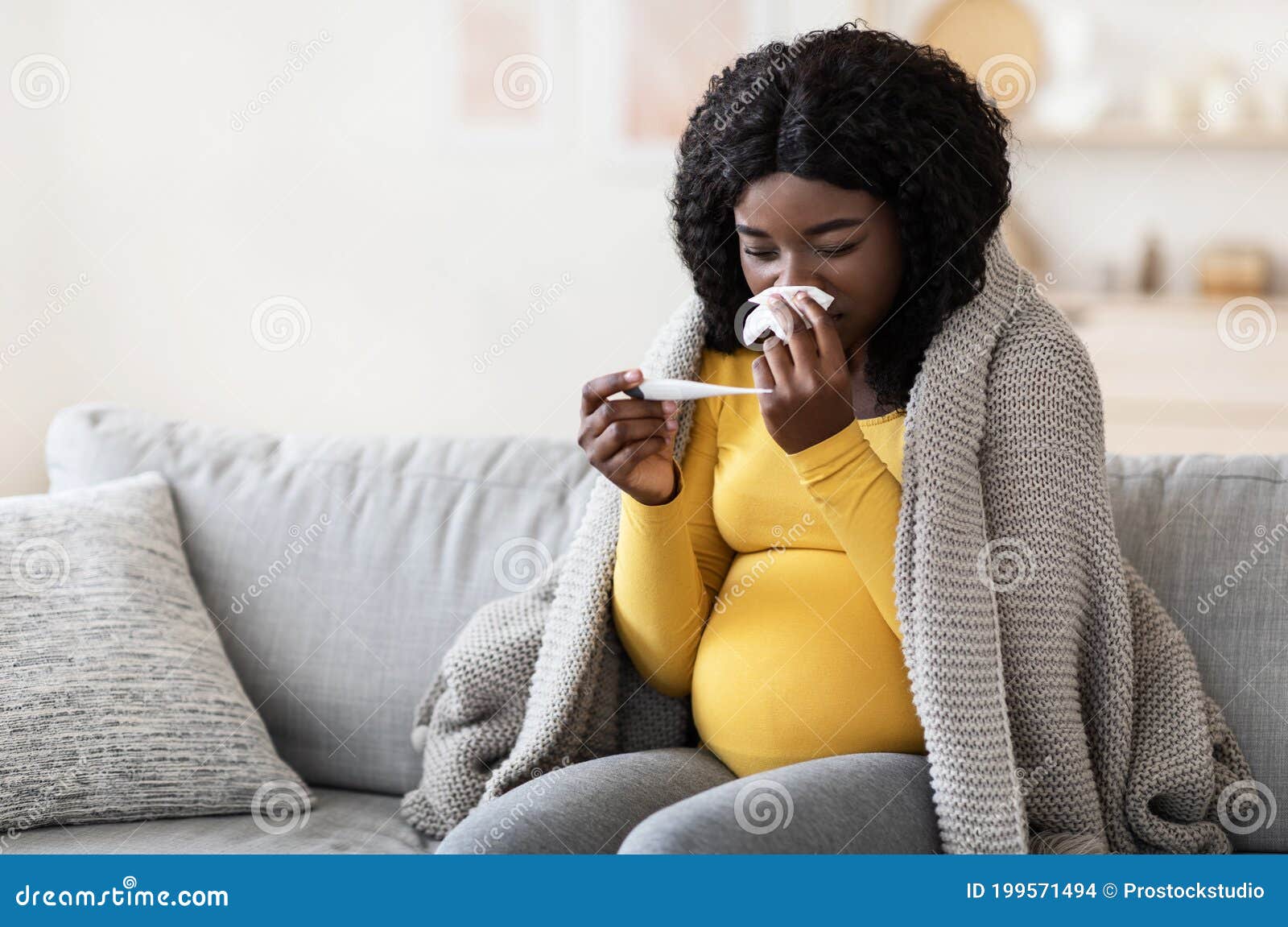 Young Pregnant African Woman Feeling Sick with High Fever Stock ...