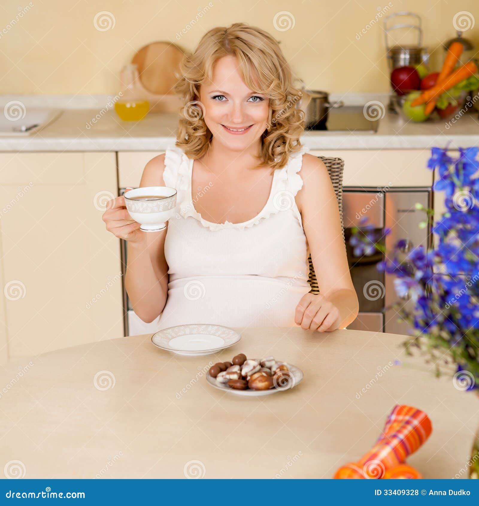 Young Pregnant Woman Drinks Tea with Sweets Stock Photo Image of