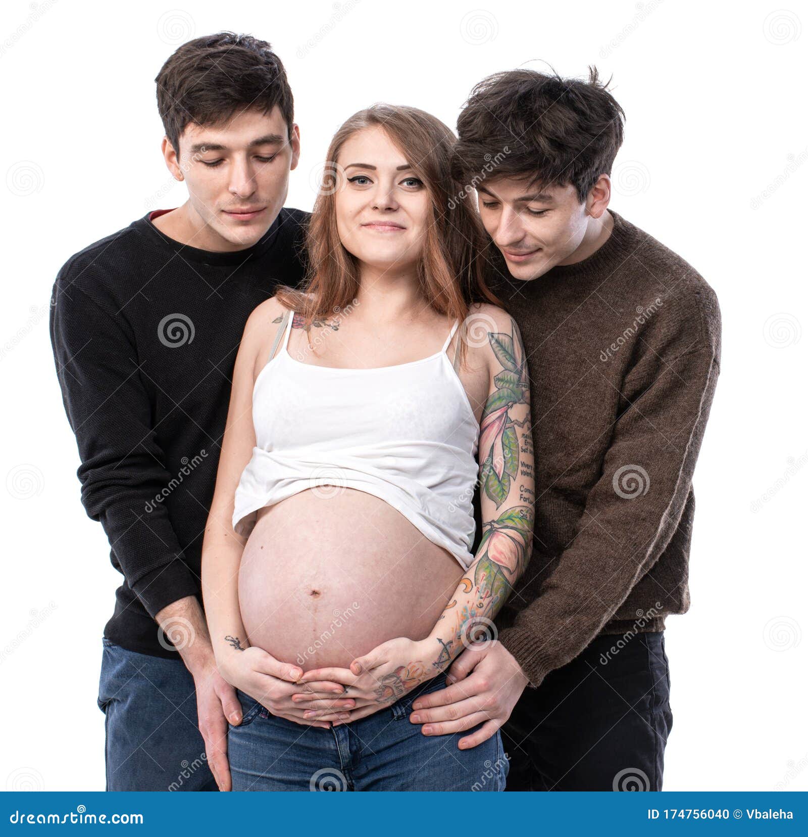 Young Pregnant Woman Posing With Two Young Man On A White Background ...