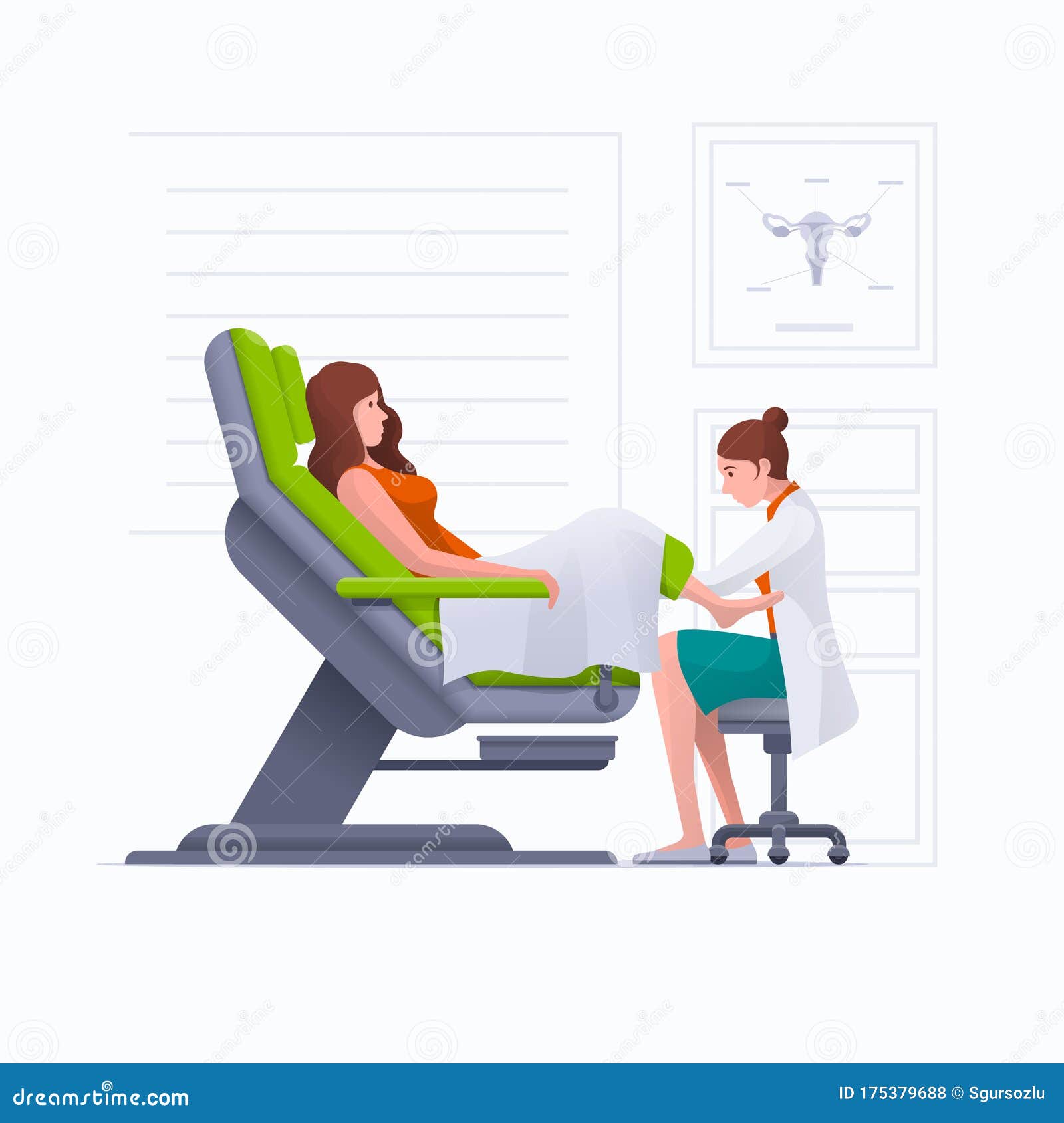 young pregnant woman or woman is lying in gynecological examination chair during gynecological exam