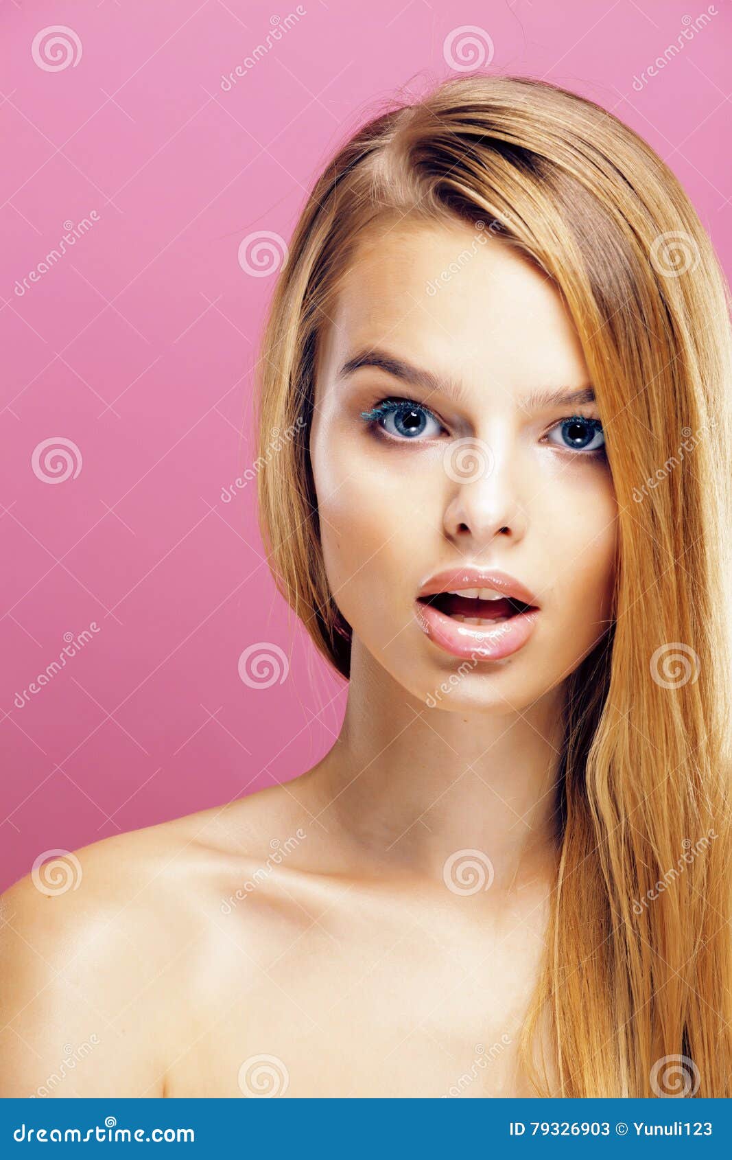 Young Pretty Blonde Woman With Hairstyle Close Up And Makeup On Stock