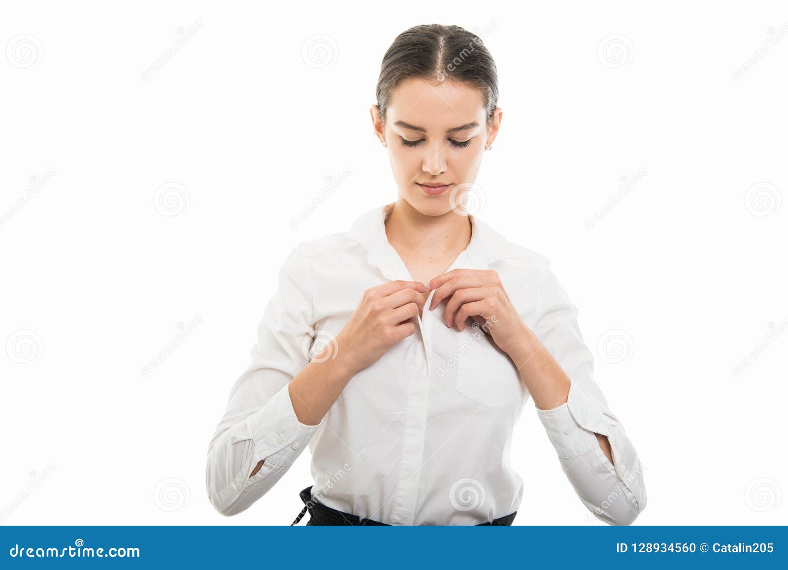 Young Pretty Bussines Woman Buttoning Shirt Gesture Stock Photo - Image ...