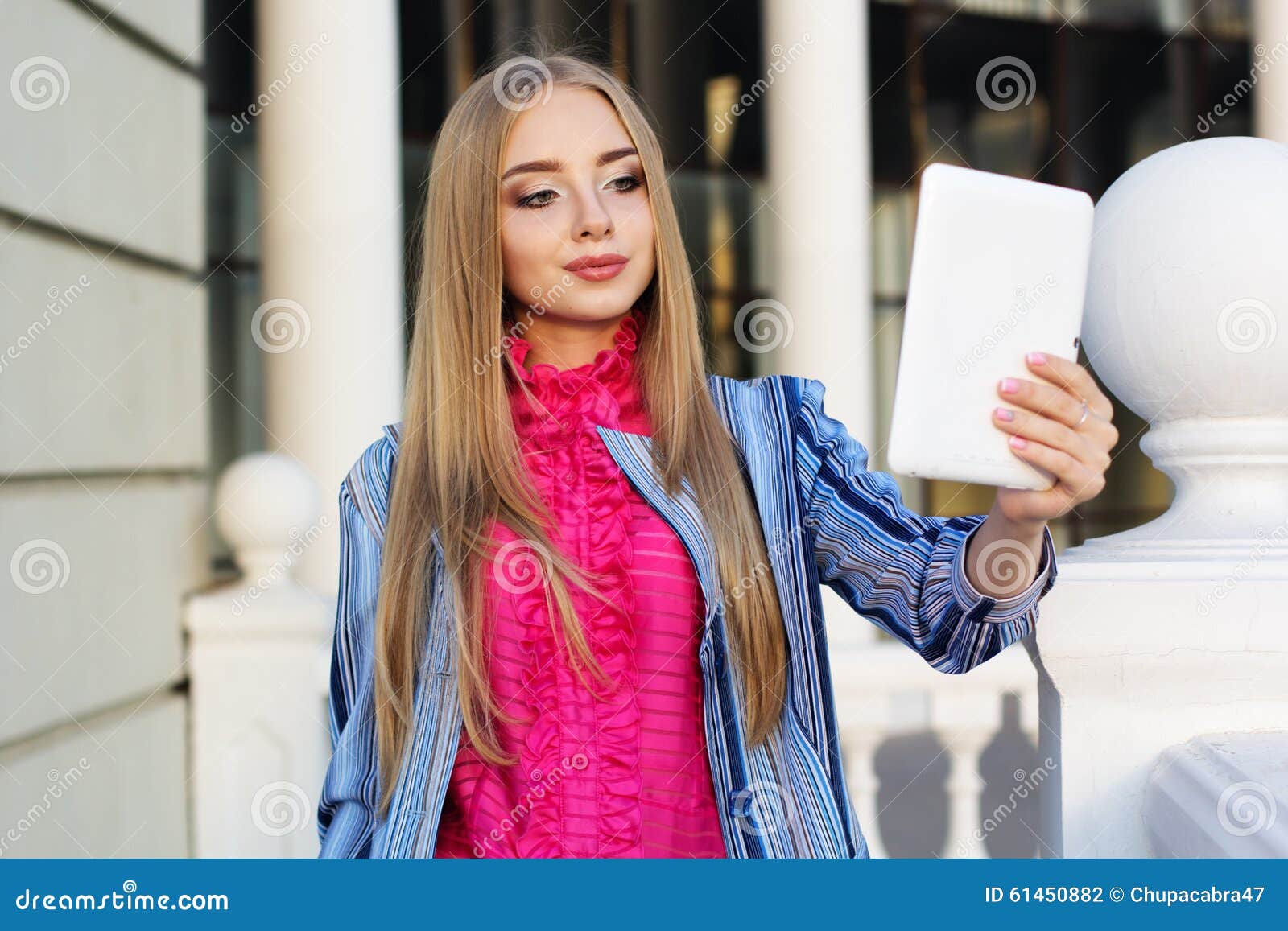 Young Pretty Girl Is Taking Selfie Tablet Computer Stock Photo