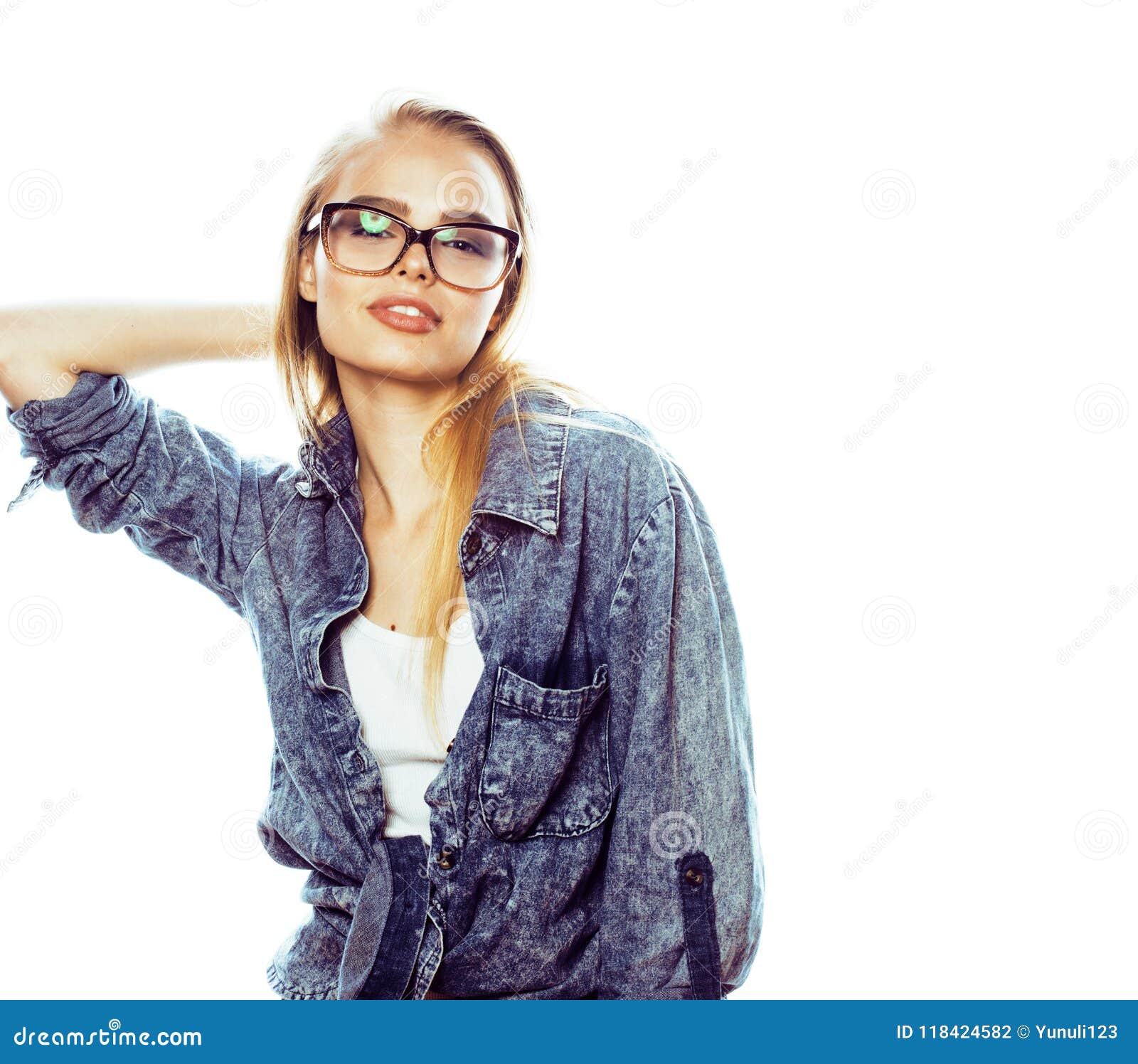 Young Pretty Girl Teenager in Glasses on White Isolated Blond Ha Stock ...