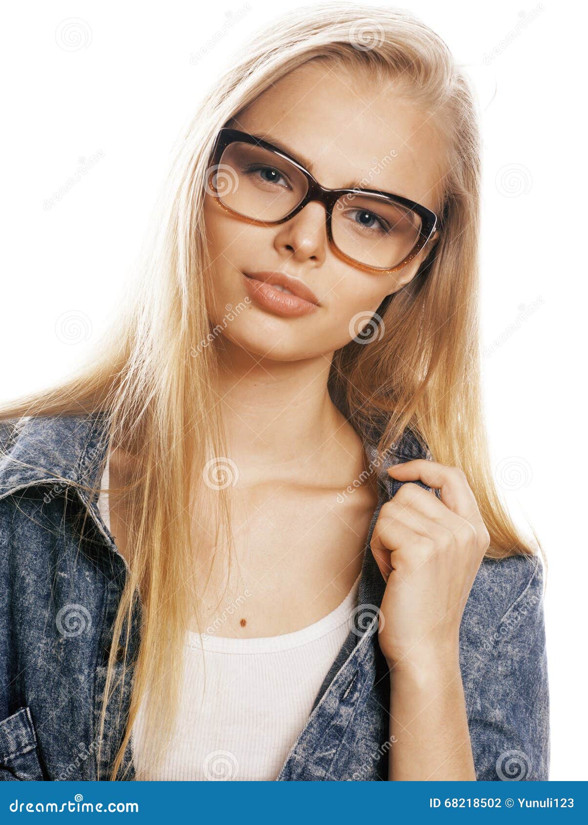 Young Pretty Girl Teenager in Glasses on White Isolated Blond Hair ...