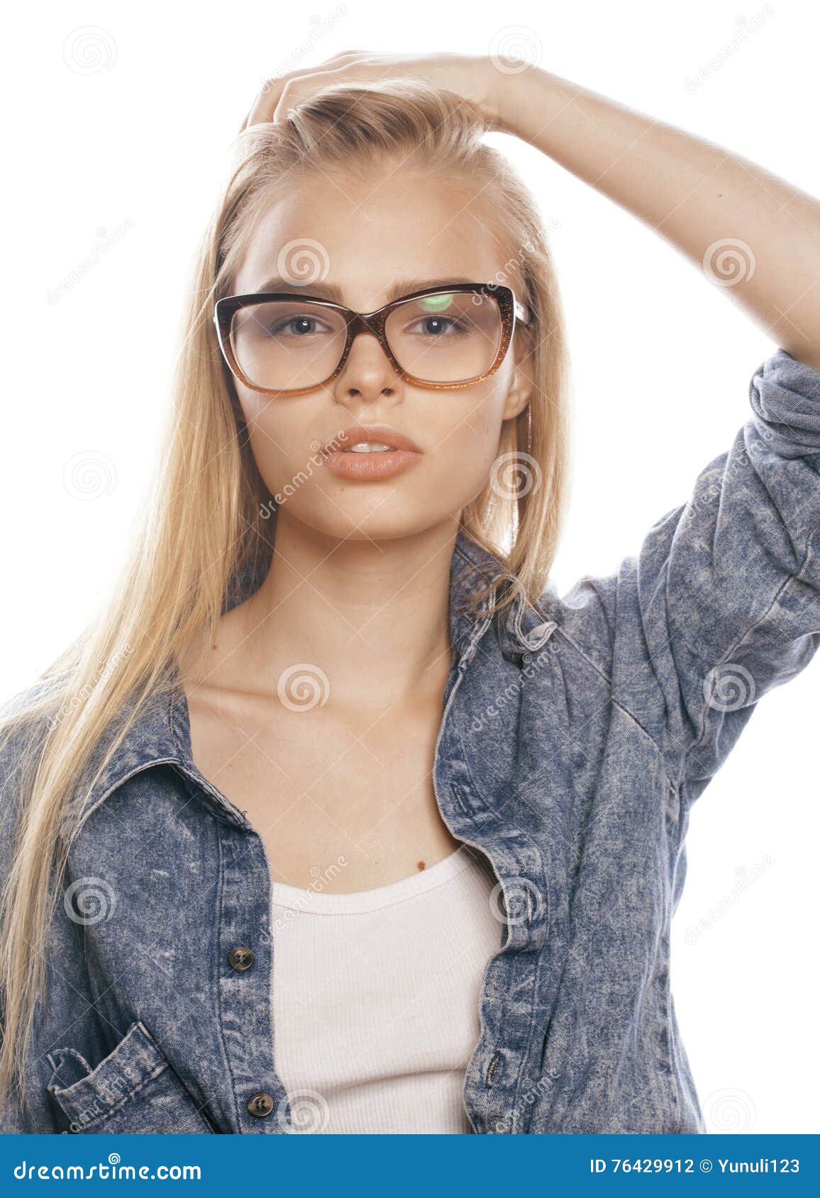Young Pretty Girl Teenager in Glasses on White Isolated Blond Hair ...
