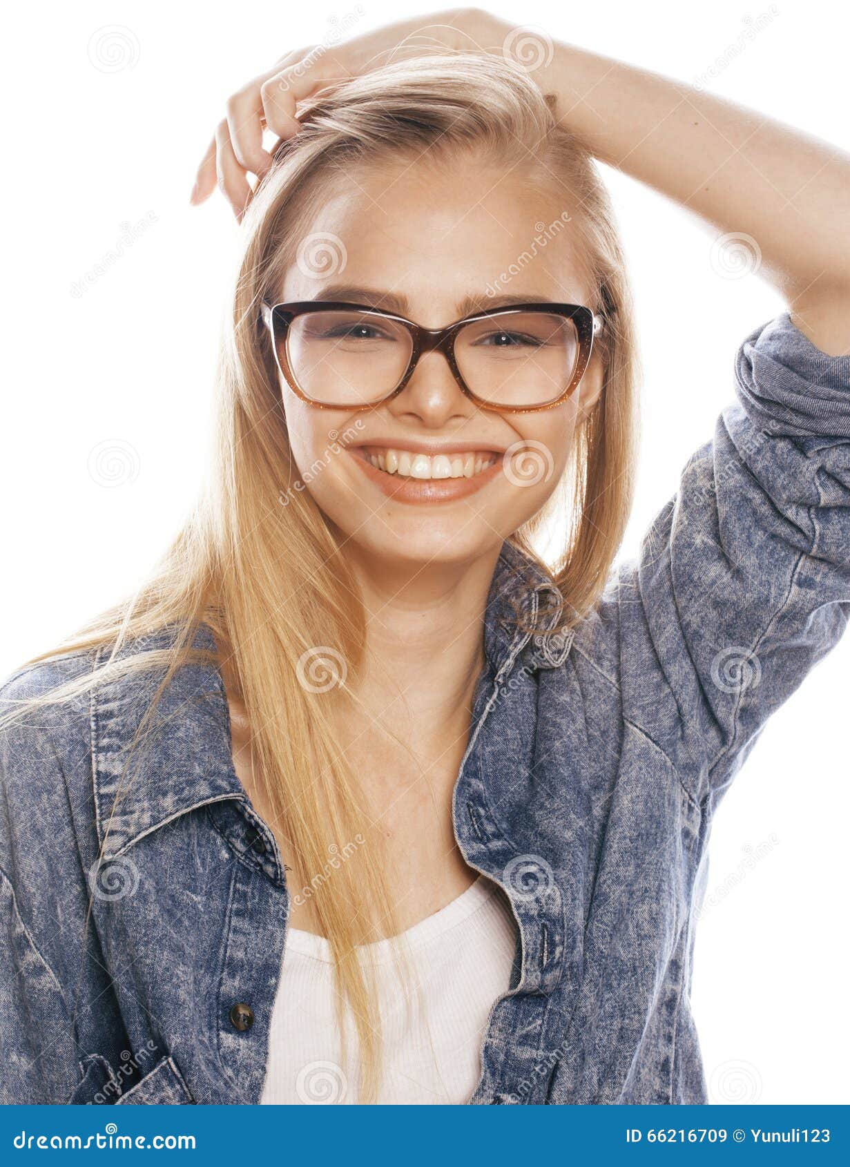 Young Pretty Girl Teenager in Glasses on White Isolated Blond Hair ...