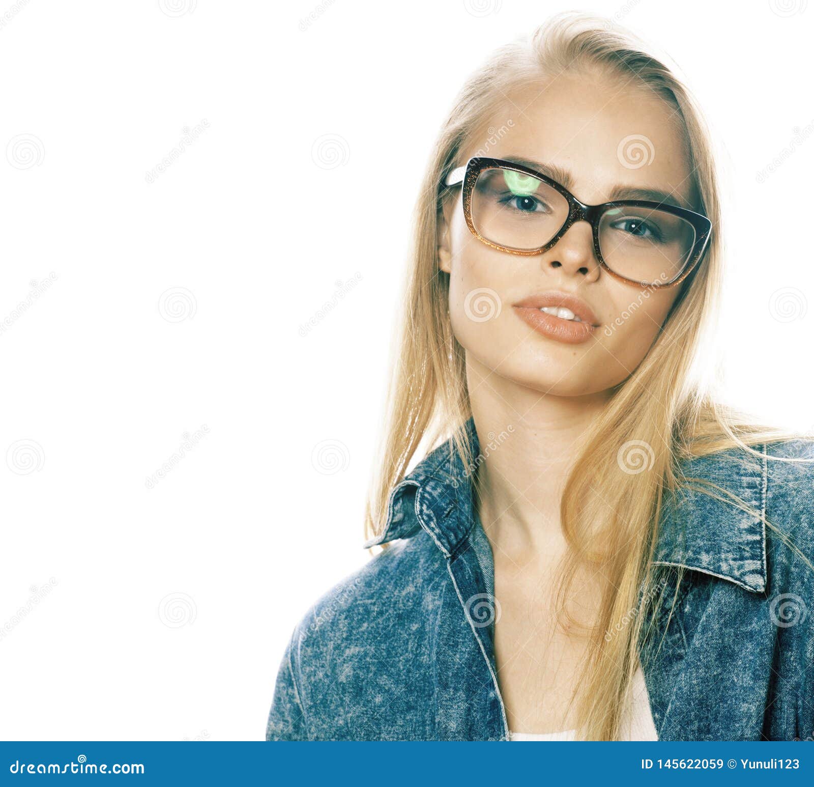 Young Pretty Girl Teenager in Glasses on White Isolated Blond Hair ...