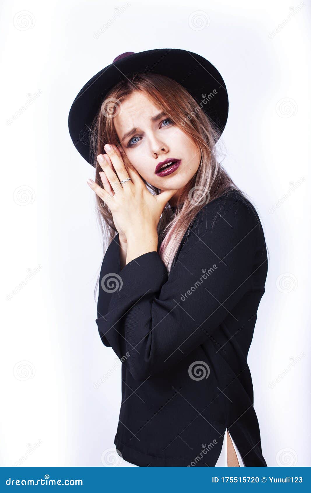 Young Pretty Hipster Girl in Hat Emotional Posing, Gesturing, Fashion ...